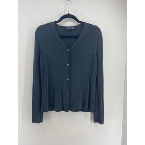 HAROLDS 100% Silk Ribbed Cardigan Sweater Womens M Charcoal V-Neck Minimalist